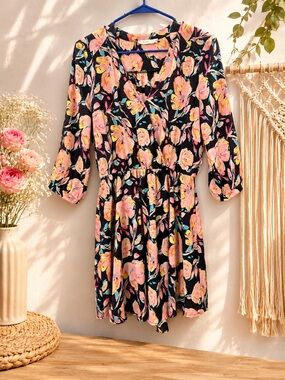 Lush Black Floral Mini Dress with Hot Pink & Yellow Blooms